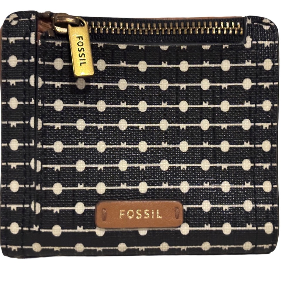 Fossil Bifold Wallet Womens Black White Dot Print Leather Trim Good